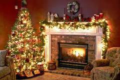 A fireplace with garland and a christmas tree
